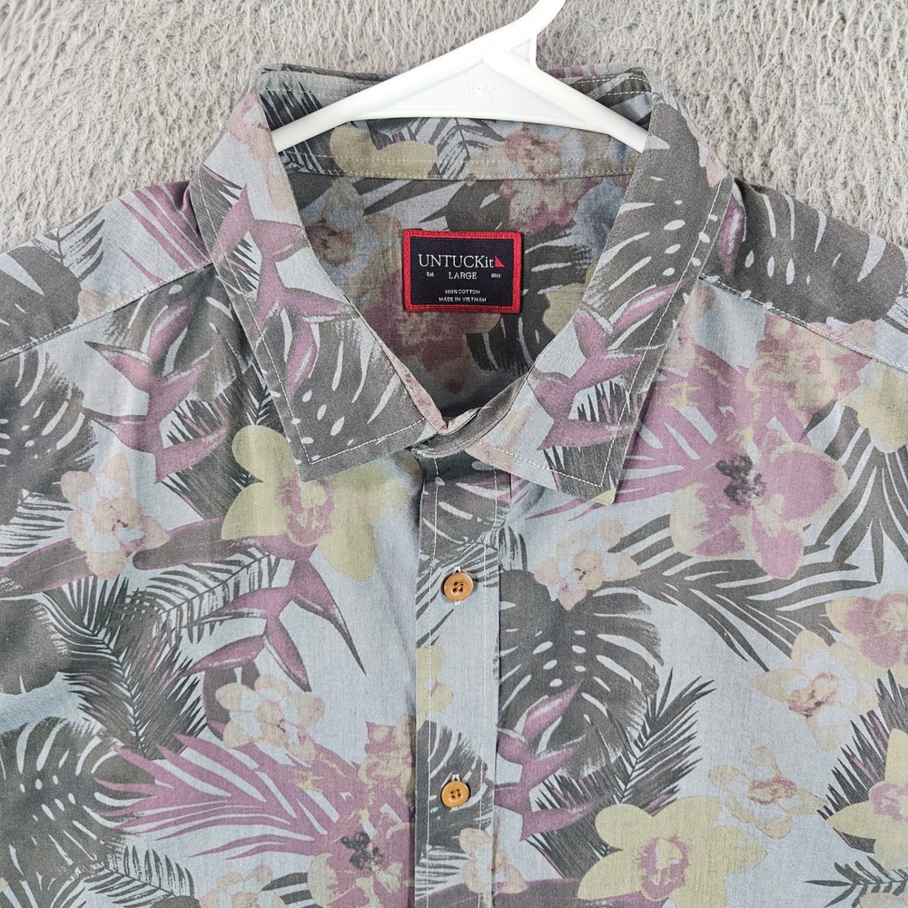 UNTUCKit Desisto Mens‎ Large Red Tropical Floral Cotton Short Sleeve Button Down